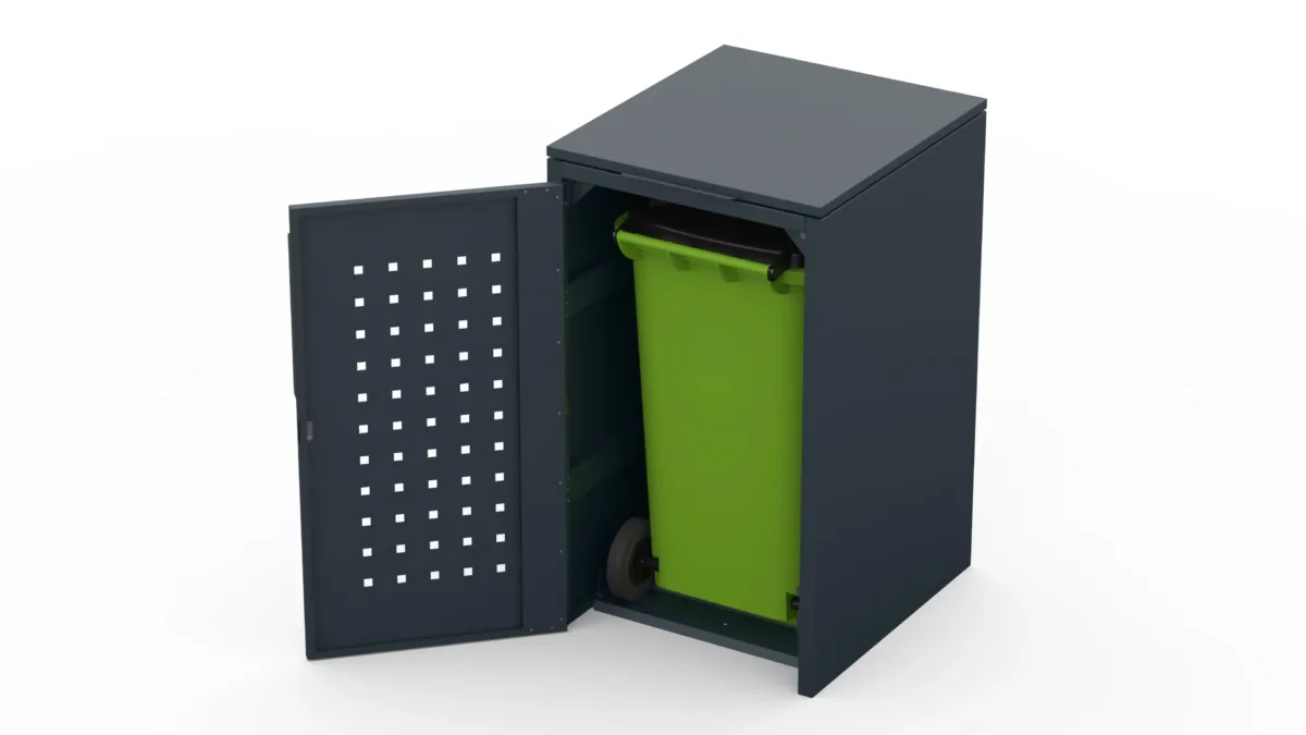 Metal bin cover for one 240-litre bin with standard lid and pattern on the door.