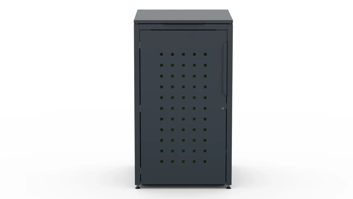 Metal bin cover for one 240-litre bin with standard lid and pattern on the door.