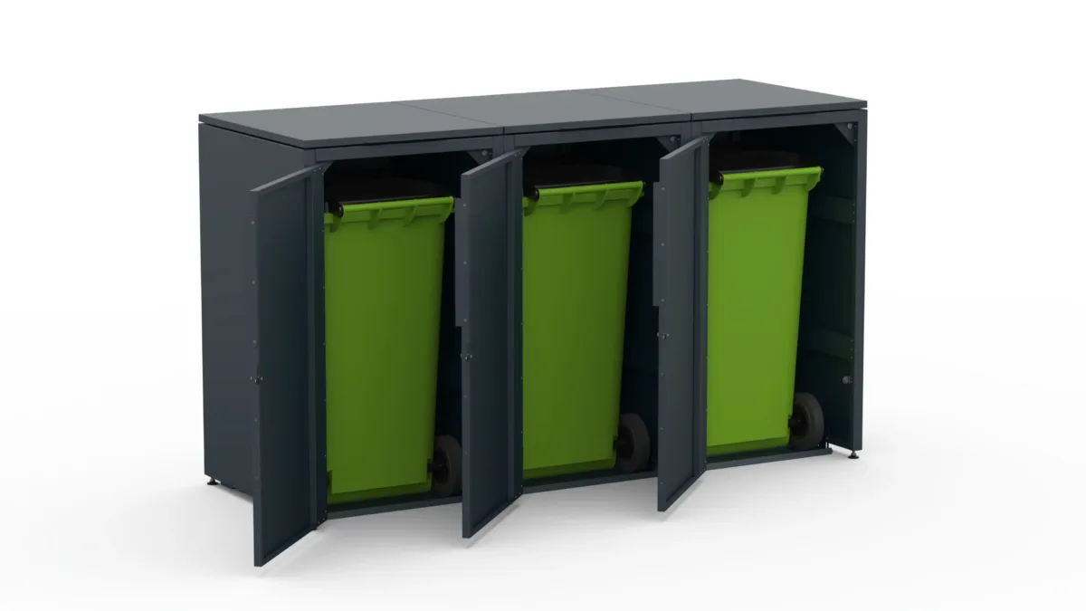 Metal bin cover for three 240-litre bins with green roof.