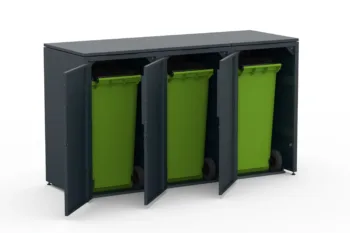 Metal bin cover for three 240-litre bins with green roof.