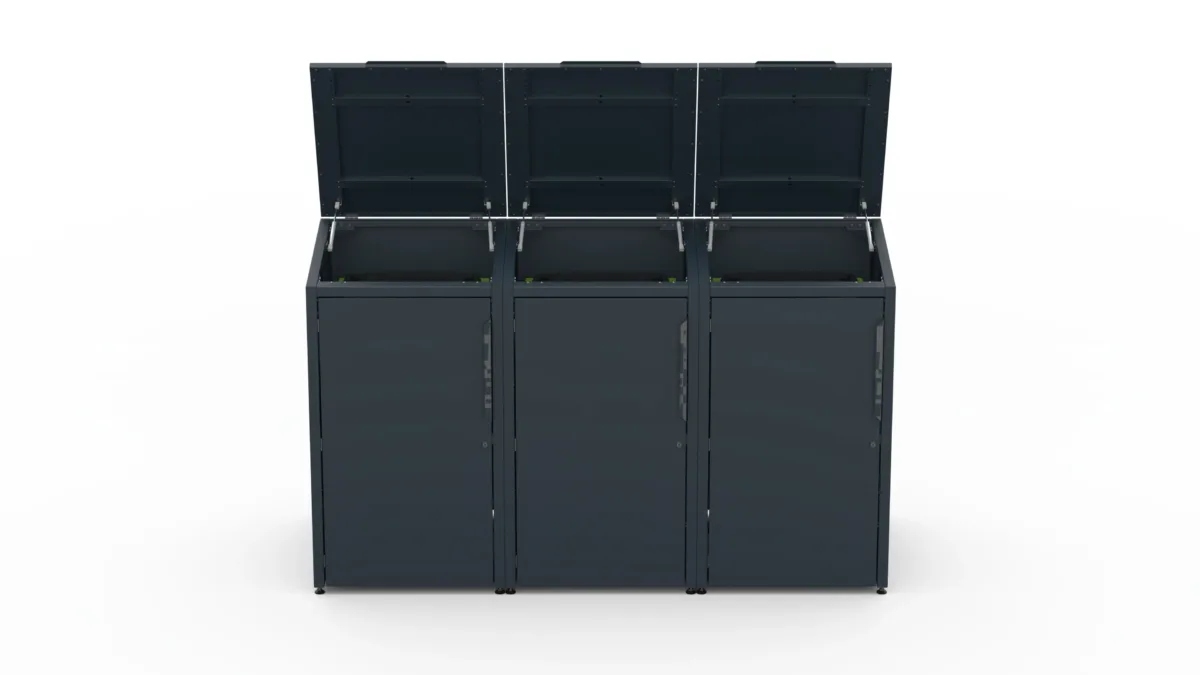 Metal bin cover for three 240-litre bins with green roof.