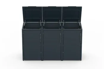 Metal bin cover for three 240-litre bins with green roof.