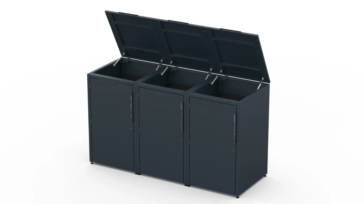 Metal bin cover for three 240-litre bins with green roof.