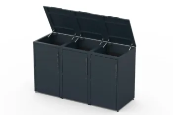 Metal bin cover for three 240-litre bins with green roof.