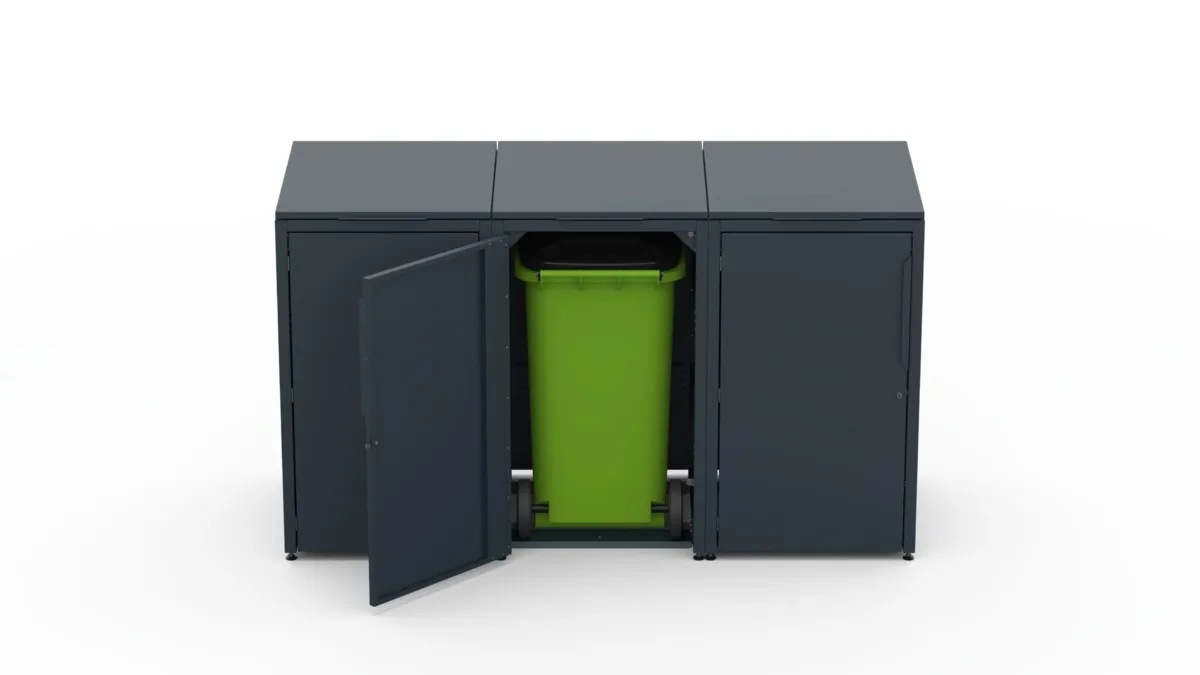 Metal bin cover for three 240-litre bins with green roof.