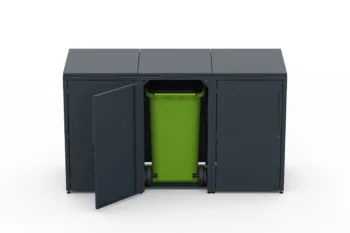 Metal bin cover for three 240-litre bins with green roof.