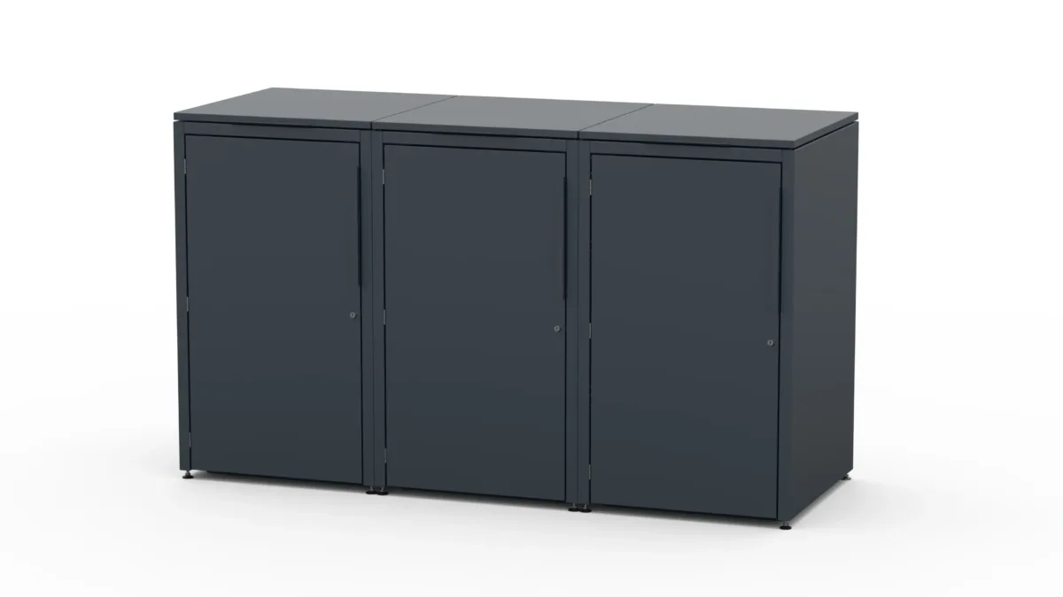 Metal bin cover for three 240-litre bins with green roof.