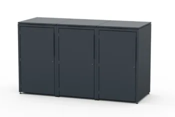 Metal bin cover for three 240-litre bins with green roof.