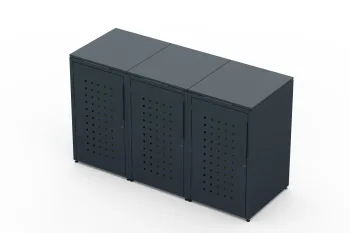 Metal bin cover for three 240-litre bins with square pattern.