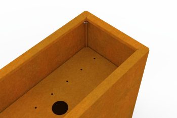 Close-up of the corner of the Flamula planter showing easy assembly with side screws.
