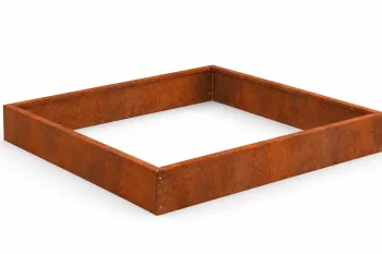 Square Corten steel frame built from modular edging panels, 15 cm high