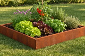 Corten steel raised bed planted with herbs and vegetables in a garden