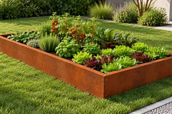 Corten steel raised bed 100×150×15 cm, planted with vegetables in the garden