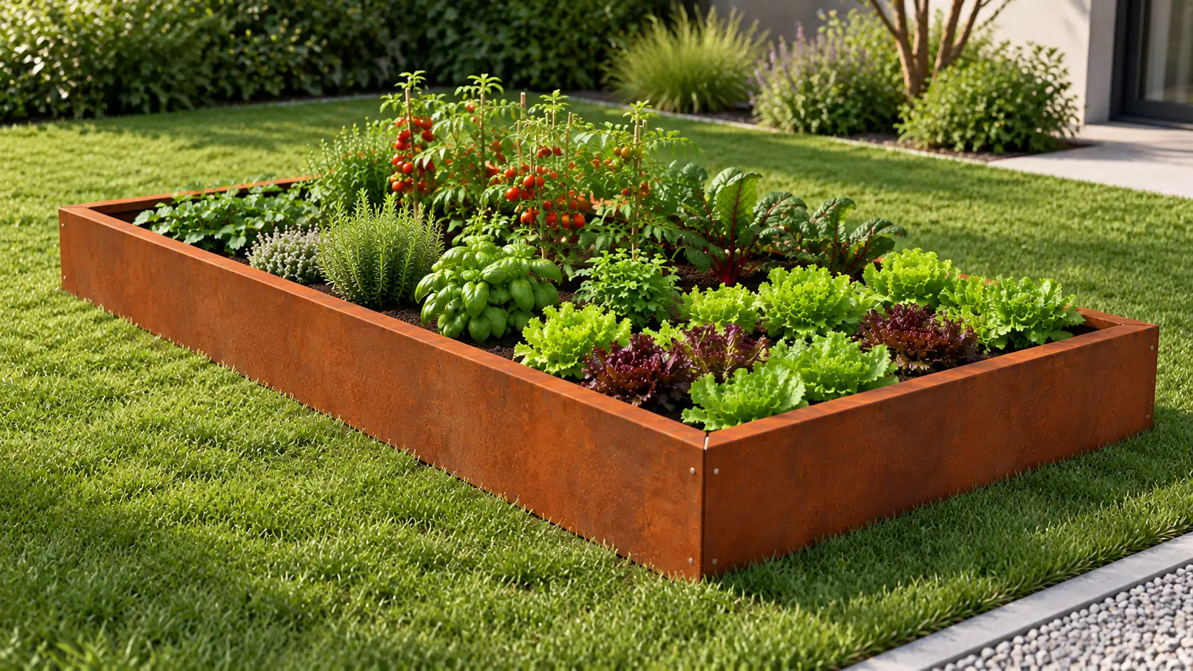 Corten Steel Raised Bed 100×150×15 cm planted Corten steel raised bed 100×150×15 cm, planted with vegetables in the garden